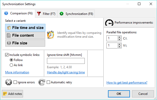 Comparison settings dialog