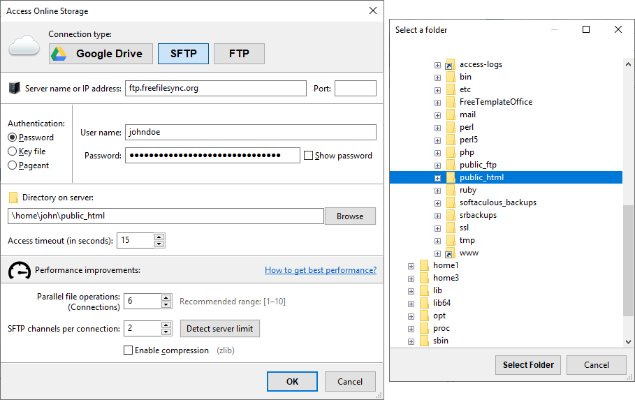 Interfaz de configuración de SFTP